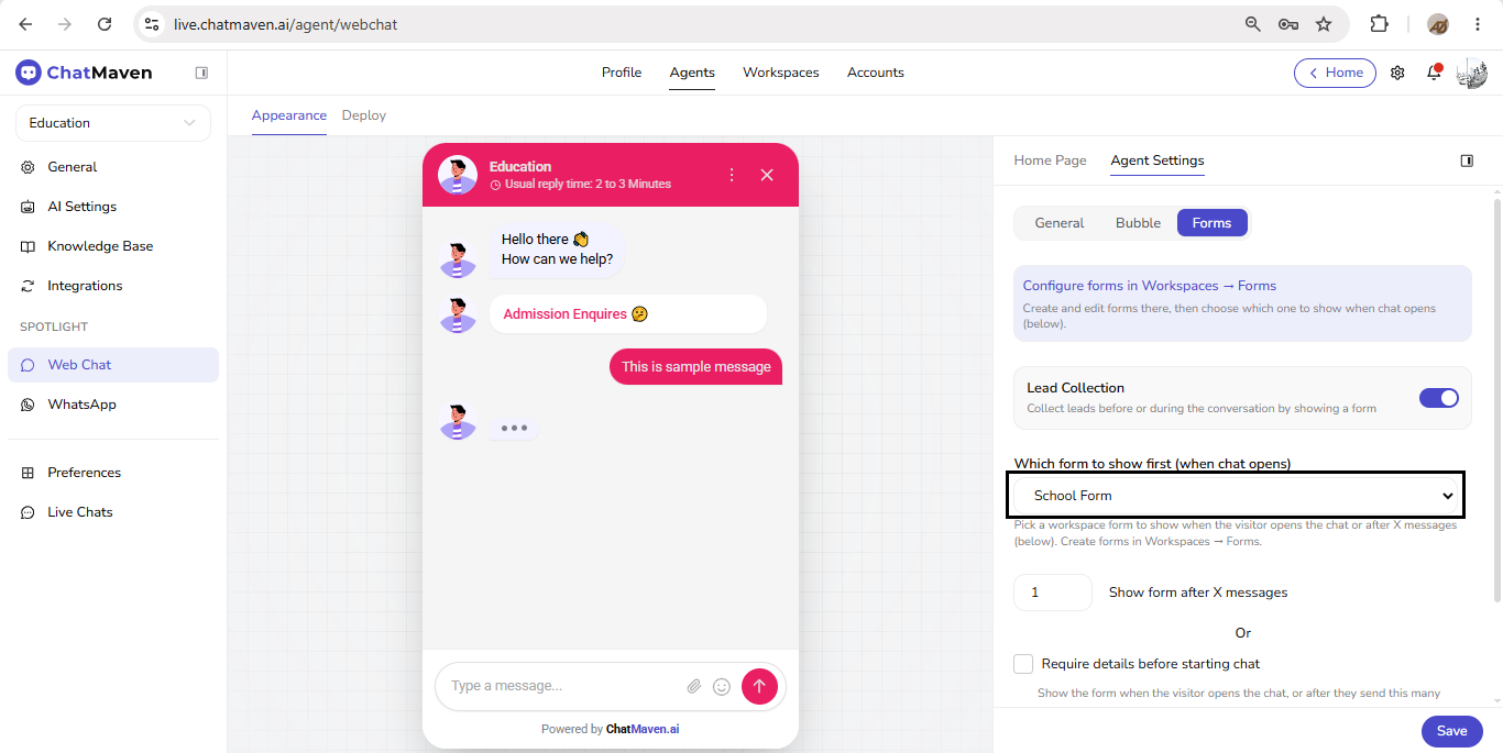 Web Chat Appearance, Agent Settings, Forms — Lead Collection