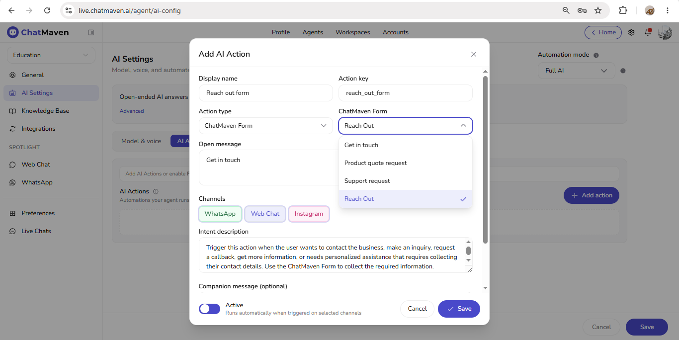 Add AI Action dialog with Action type ChatMaven Form