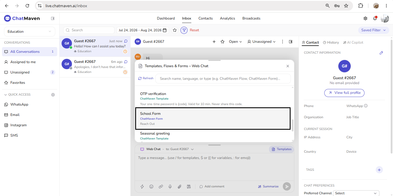 Inbox Templates, Flows and Forms picker with a ChatMaven Form