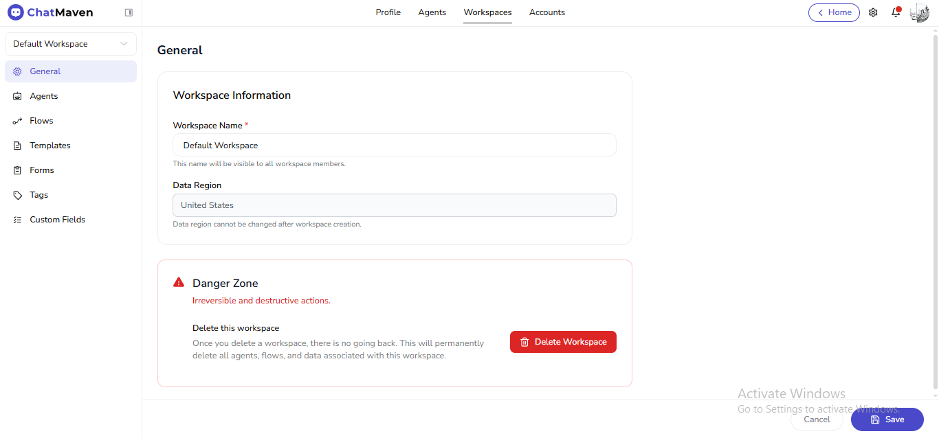 Workspaces General: top nav, sidebar, and workspace information