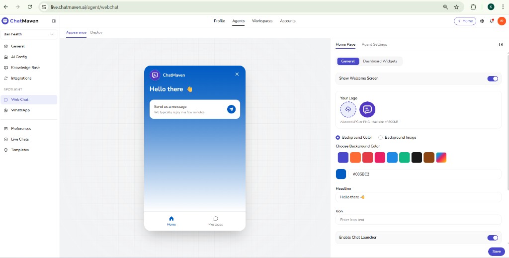 Web Chat Appearance: Home Page General — welcome screen, logo, background, headline, and chat launcher