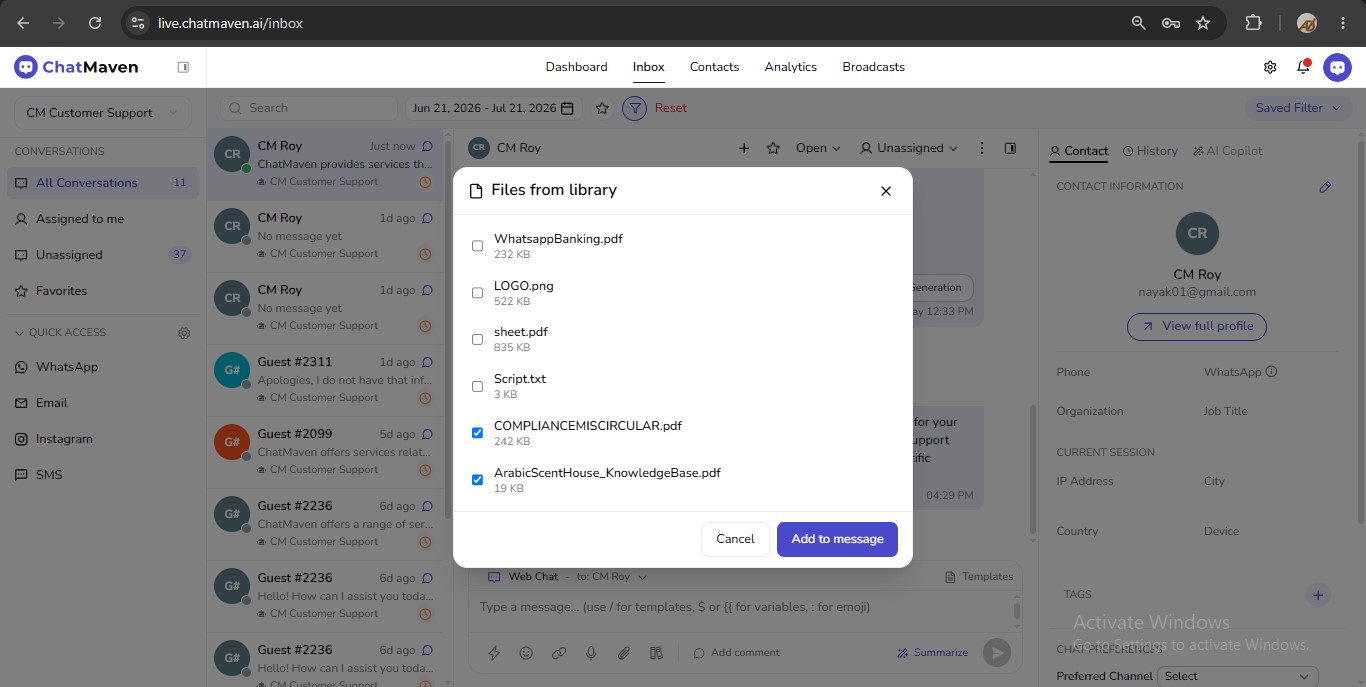 Files from library dialog with Add to message
