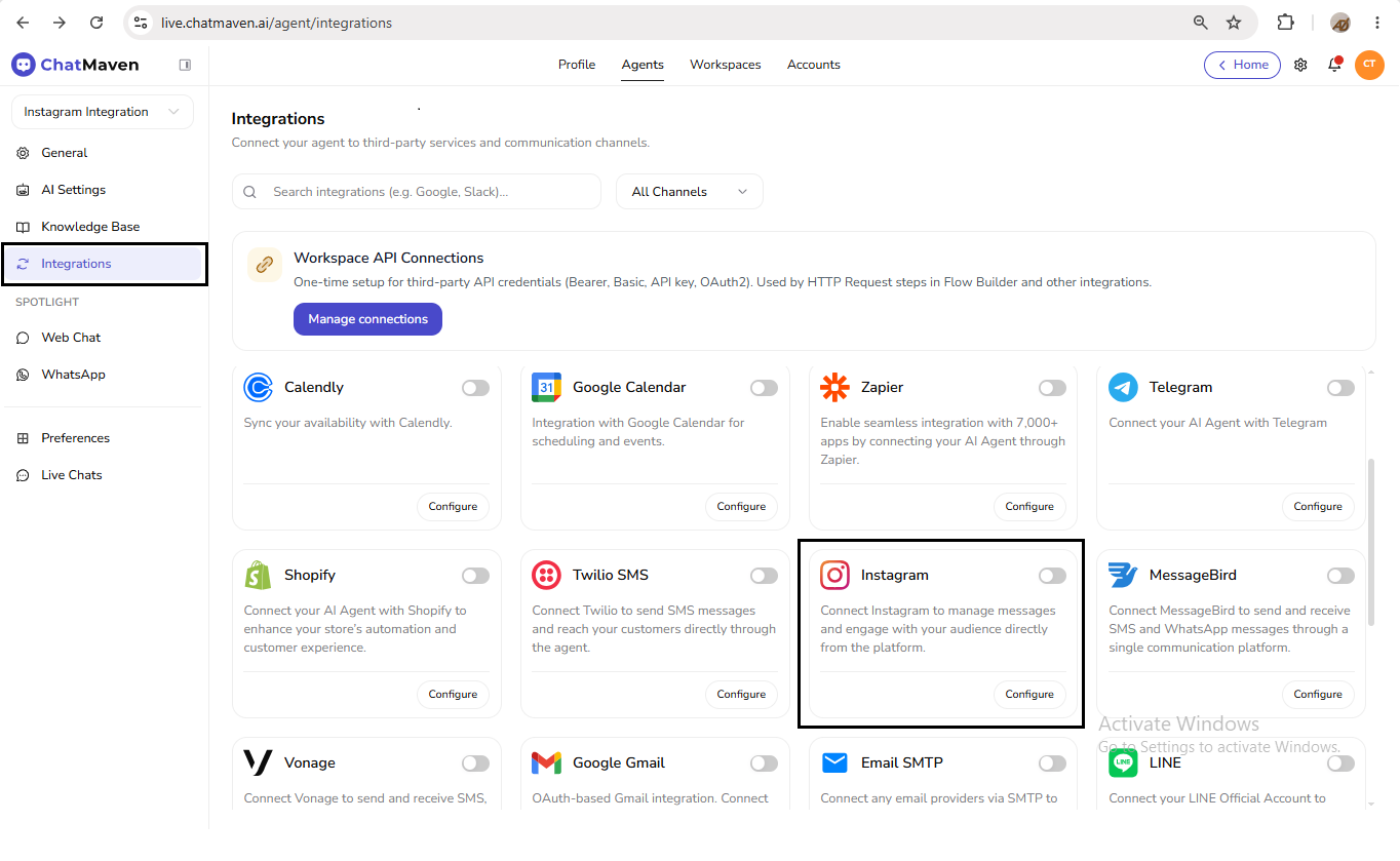 Step 1 — Integrations page with Instagram card