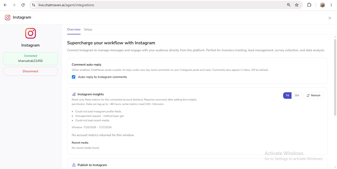 Step 7 — Connected Overview with account, auto-reply, insights, and publish