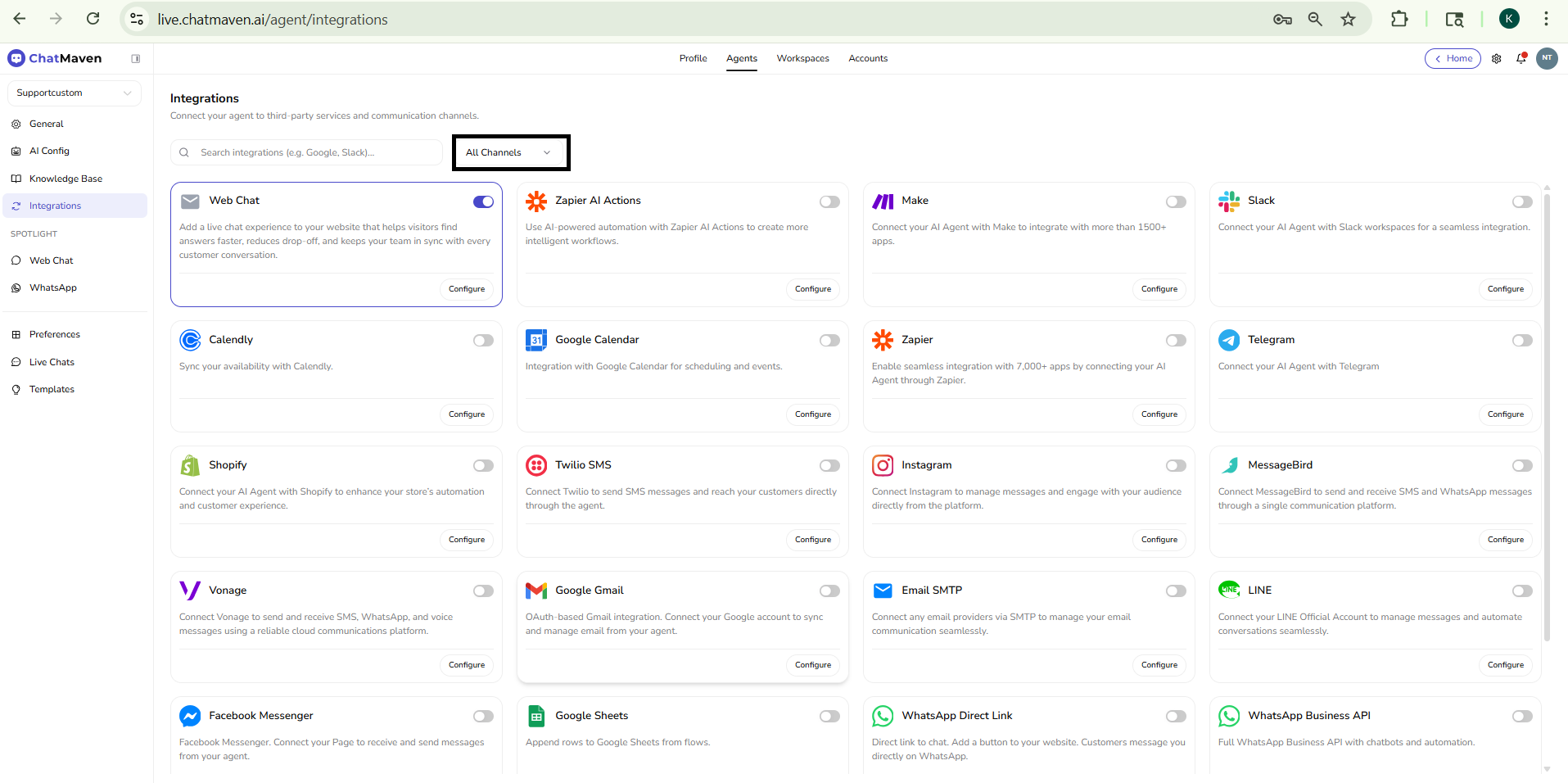 Integrations page with search, channel filter, and integration cards