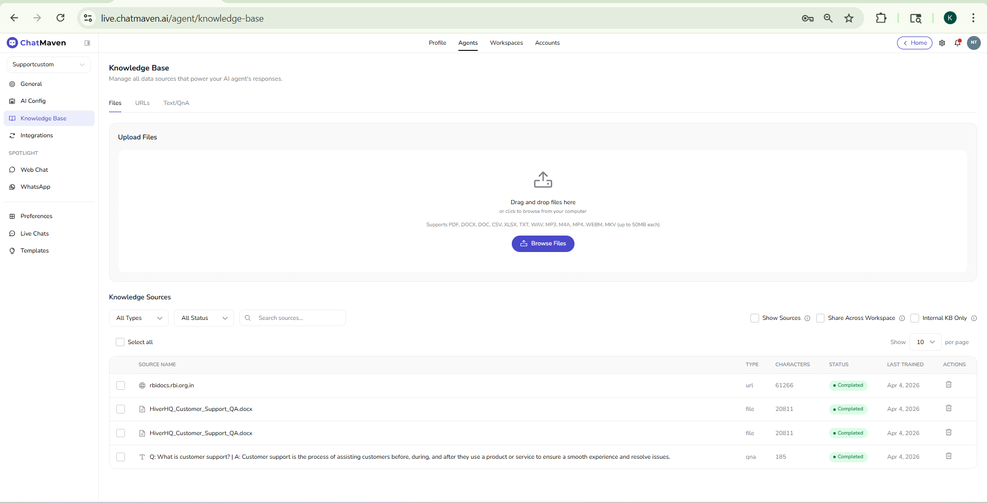 Knowledge Base Files tab with drag-and-drop zone and Browse Files