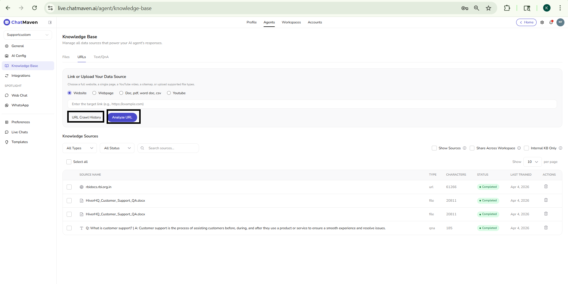 Knowledge Base URLs tab with source type options and Analyze URL