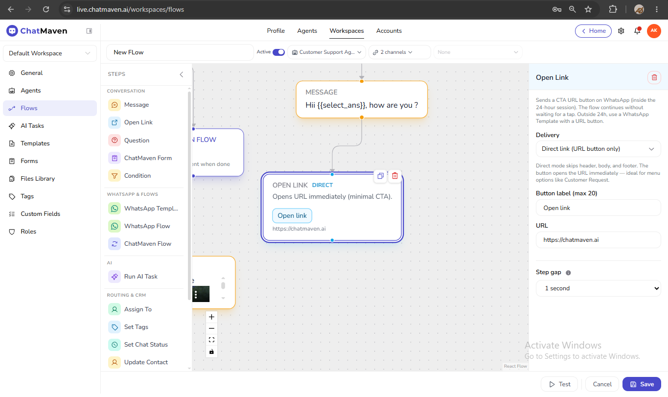 Open Link step configuration