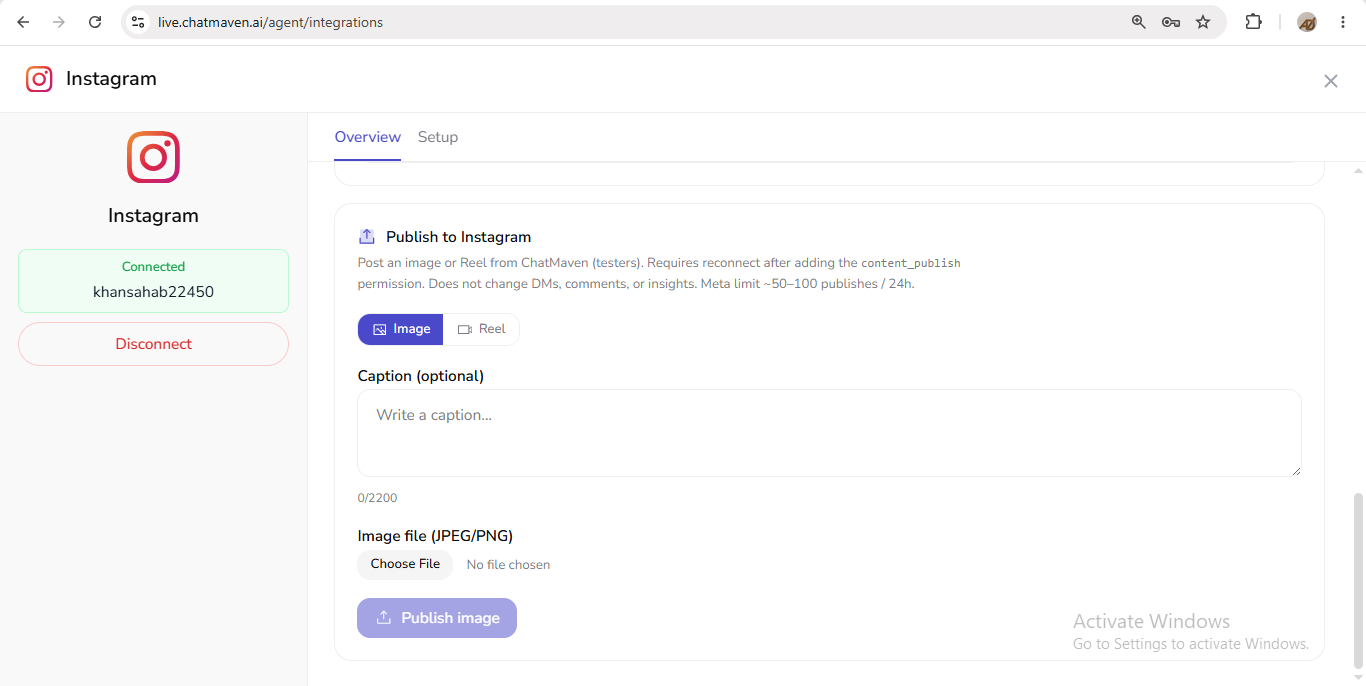 Publish to Instagram — Image/Reel, caption, and upload