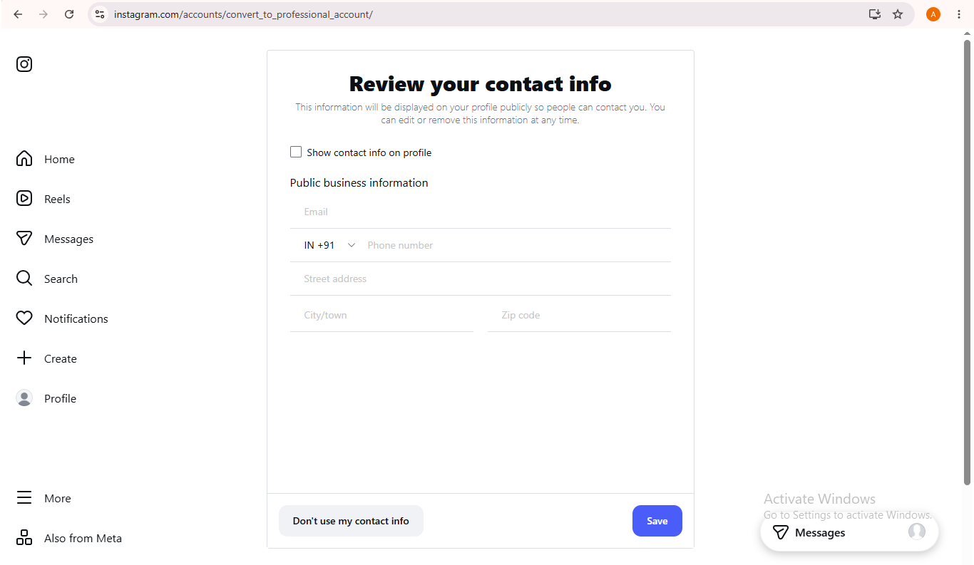Professional account — Contact info