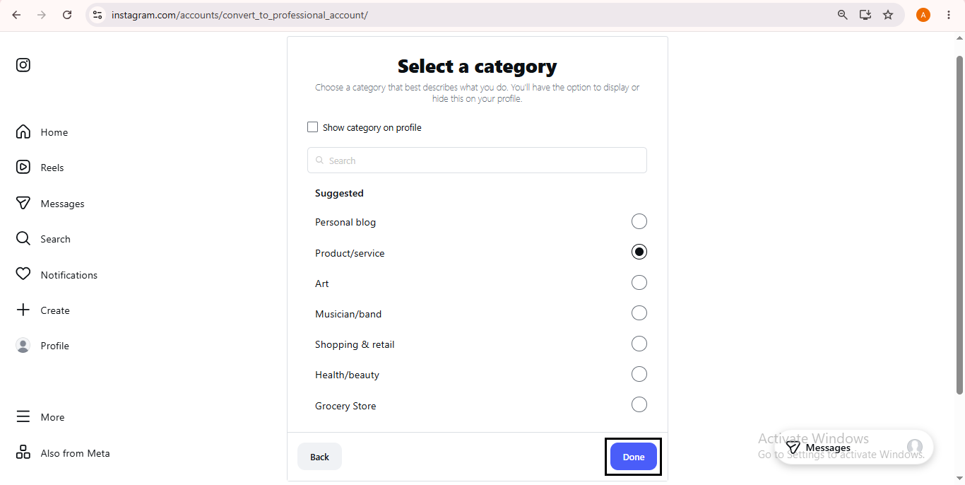 Professional account — Category