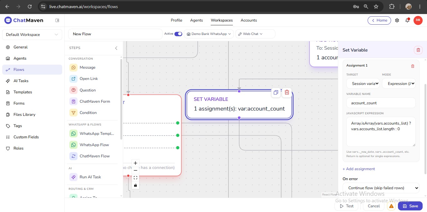 Set Variable step configuration