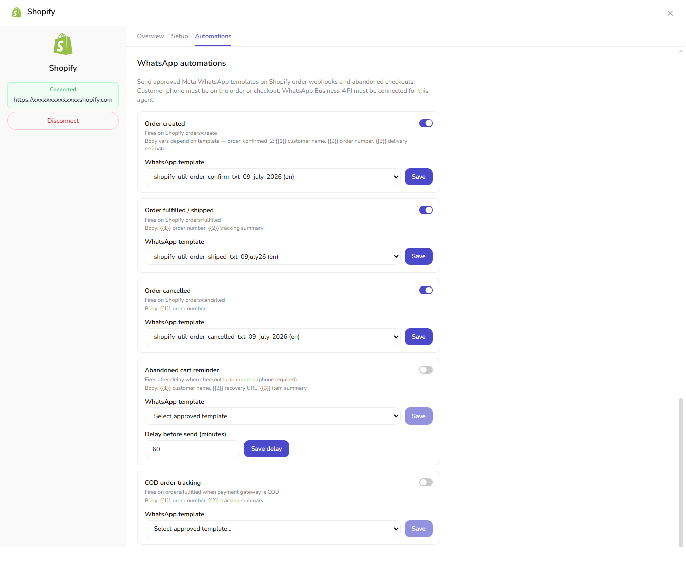 WhatsApp automations — Shopify Automations tab