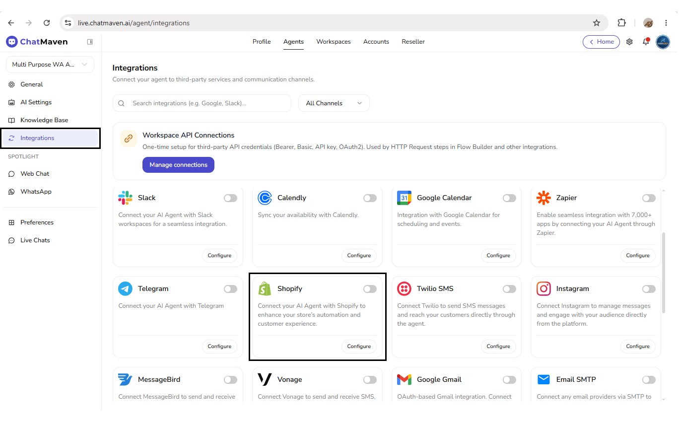 Step 1 — Integrations page with Shopify card