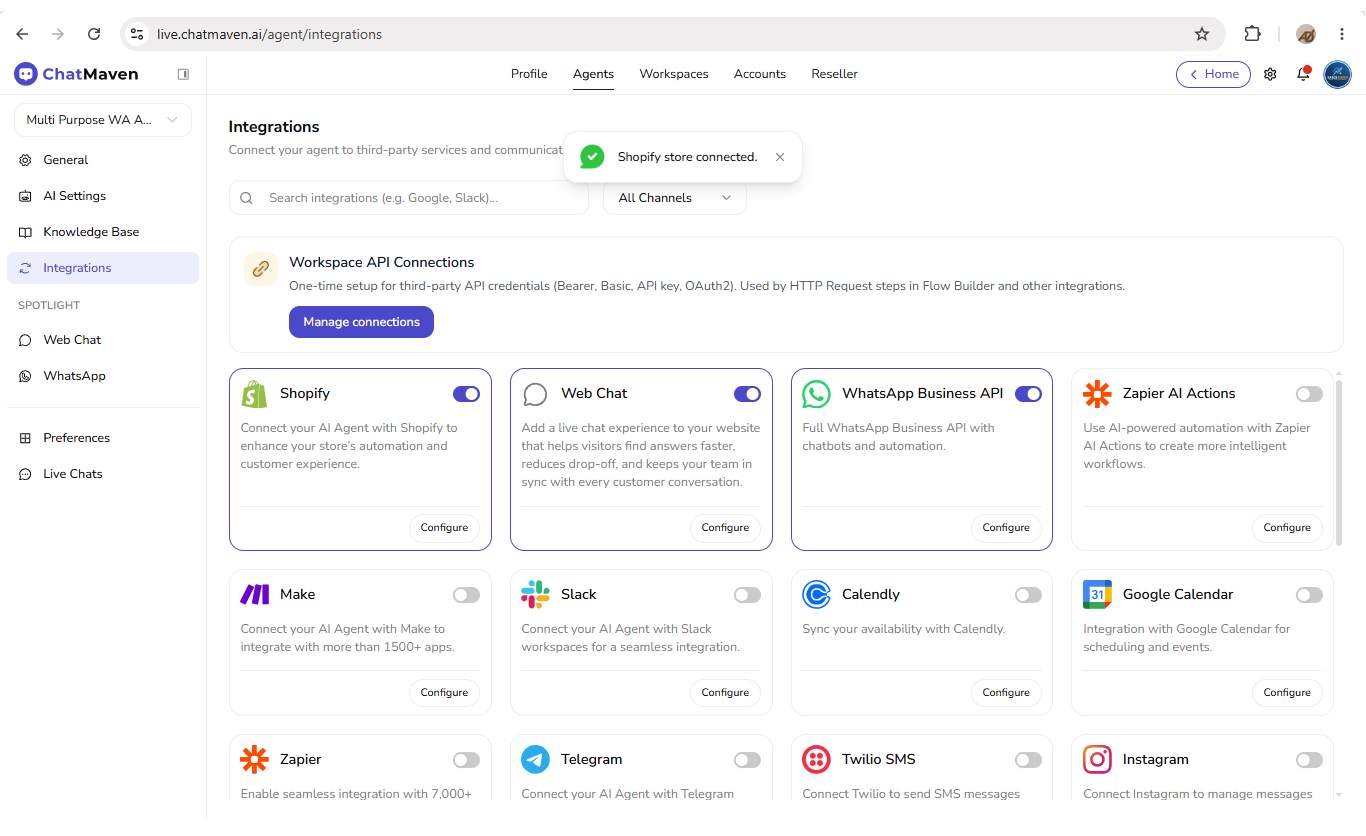 Step 5 — Shopify store connected toast and toggle on
