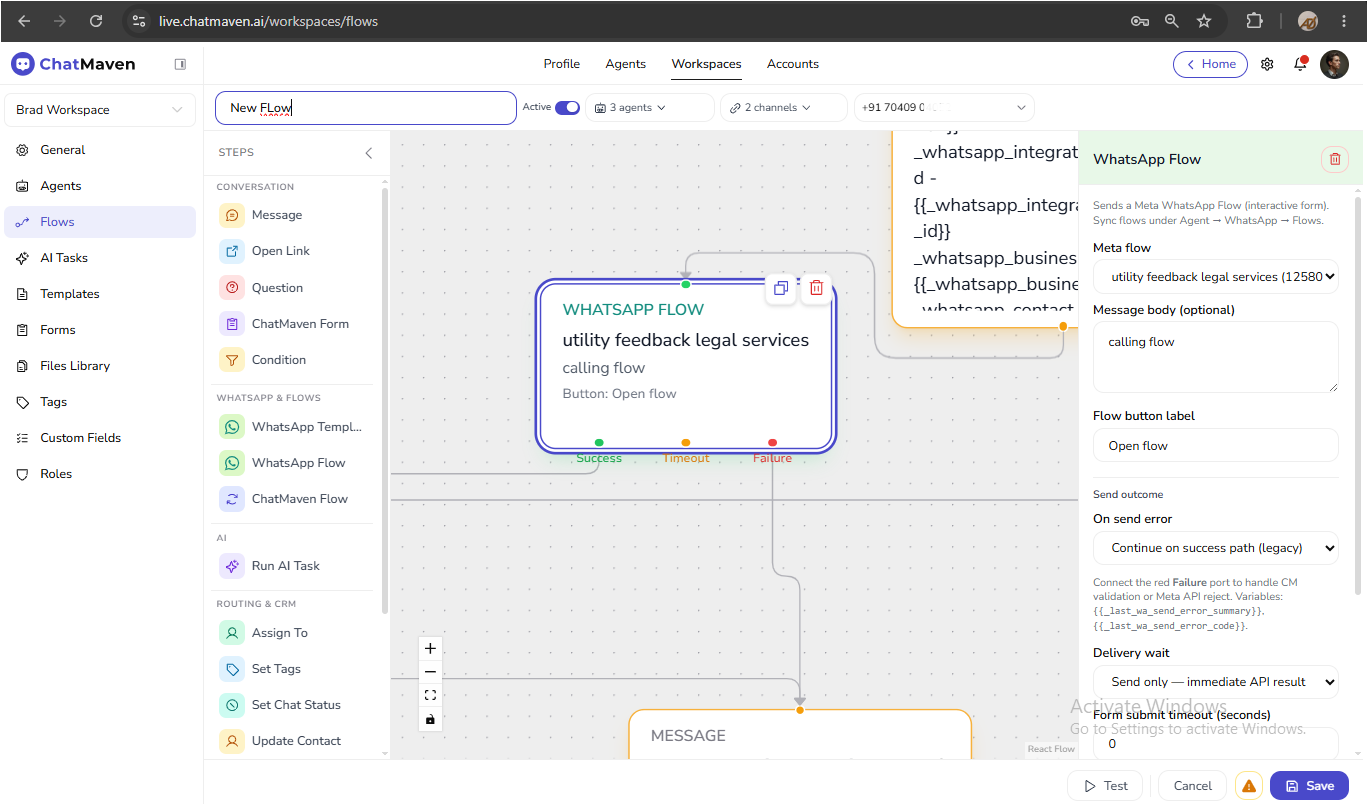 WhatsApp Flow step in the flow builder