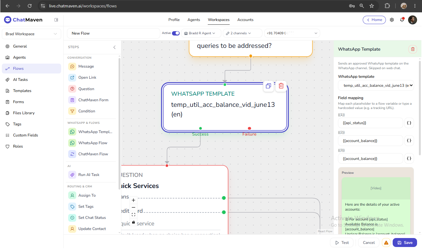 WhatsApp Template step in the flow builder
